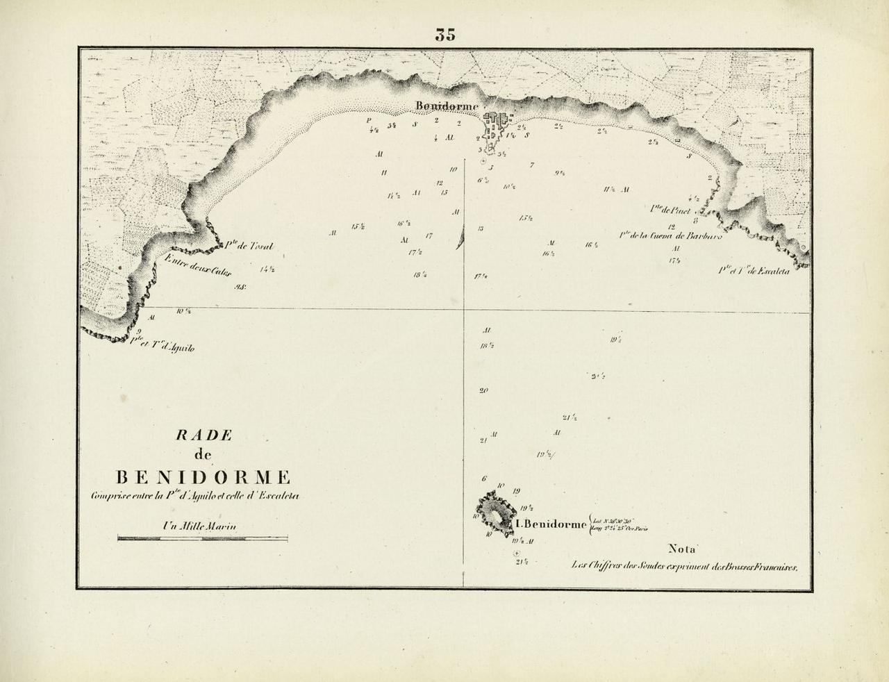 1859: Seekarte der Reede, ein französischer Nachstich der spanischen Vermessung von 1813: ein Dorf auf der Landspitze, davor die Insel.