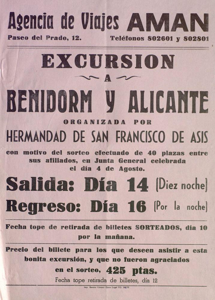 1970: Plakat aus Talavera de la Reina: Eine Bruderschaft verlost 40 Plätze für eine Busreise nach Benidorm und Alicante, Ticket 425 Peseten.