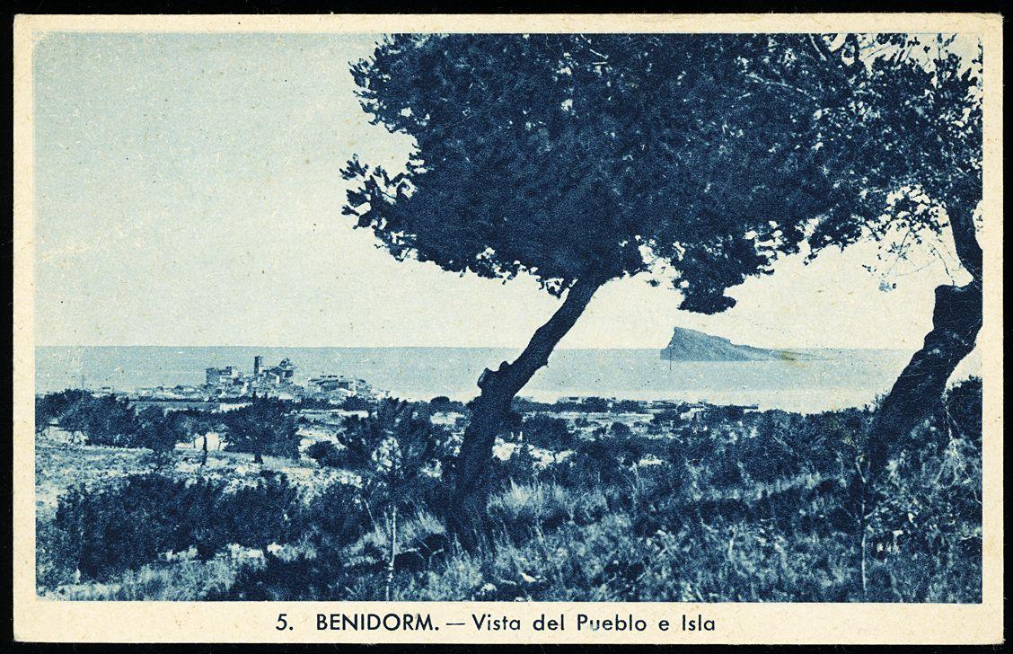 vor 1950: Postkarte: Blick aus dem Hinterland auf Altstadt und Insel, dazwischen Felder und Pinien.